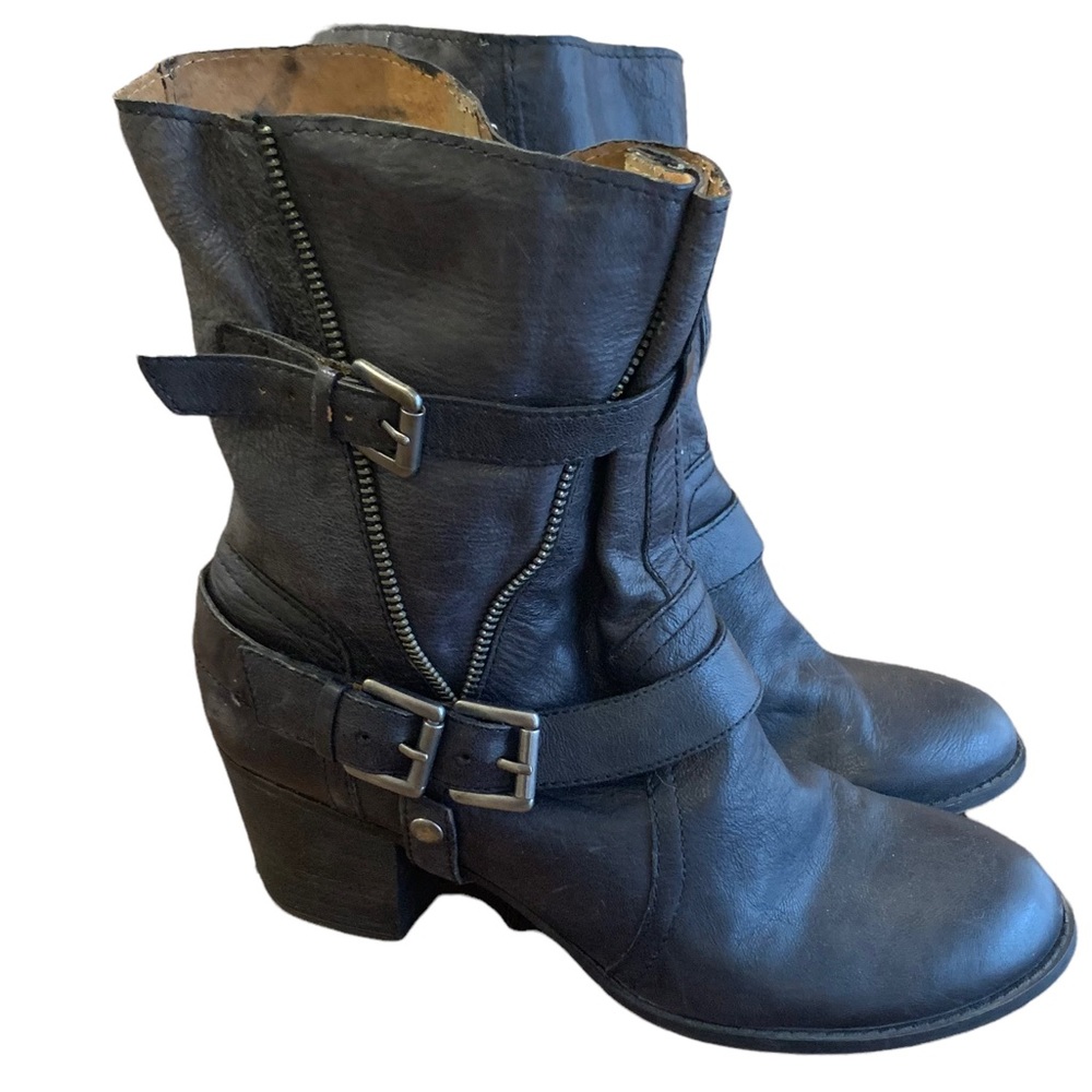 Nine West Black Leather Boots Odera Slip On Ankle Booties Western Harness 9.5